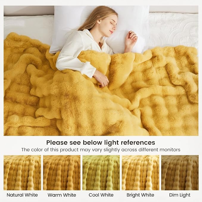 Cozy Bliss Faux Fur Throw Blanket for Couch, Fuzzy Soft Plush Thick Bubble Blanket for Sofa Bedroom Living Room, 50 * 60 Inches Yellow