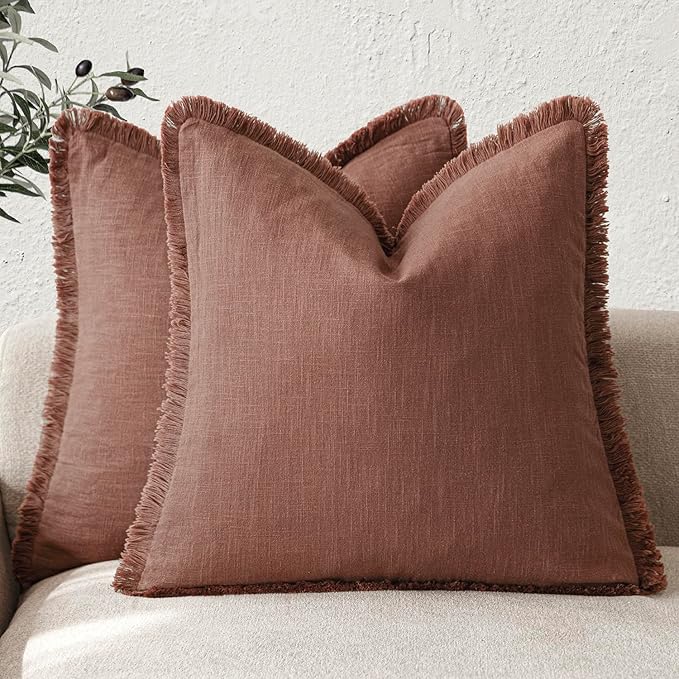 Foindtower Set of 2 Decorative Linen Fringe Throw Pillow Covers Boho Farmhouse Cushion Cover with Tassels Soft Accent Pillowcase for Couch Chair Sofa Bed Living Room Home Decor,20×20 Inch,Rust Red