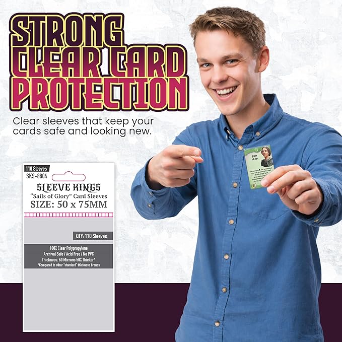 Sleeve Kings Sails of Glory Compatible Card Sleeves – 50x75mm, 110 Pack, 60 Micron Clear Polypropylene, Compatible with Through the Ages: A New Story of Civilization, Parks, Meadow & More – SKS-8804