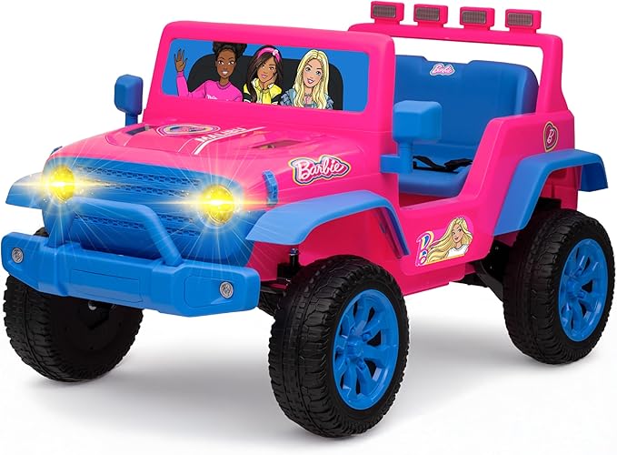 Barbie - 12V Kids Ride-On Jeep with Rechargeable Battery, LED Headlights, Press-Button Start, Durable Wheels, Forward & Reverse Drive, Contoured Seat