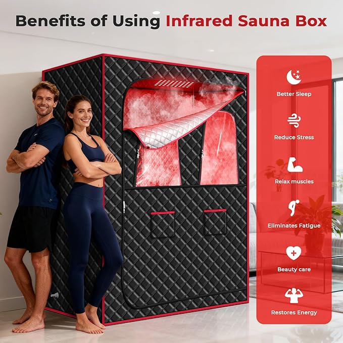 Morfone 2 Person Portable Infrared Steam Sauna with 660nm Red Light Therapy Lamp & 2 Steamers 2 Folding Chairs, Full Body Sauna Spa Tent at Home for Relaxation, 71"x 49"x 36",Black
