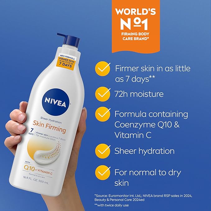 NIVEA Sheer Hydration Skin Firming Body Lotion (16.9 Fl Oz) + Skin Firming & Toning Body Gel Cream with Hyaluronic Acid (6.7 Oz),Enriched with Q10 and Vitamin C,(Pack of 4)