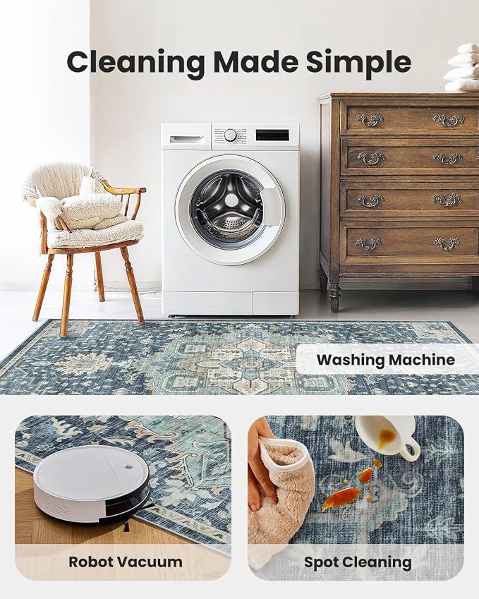 AMADA HOMEFURNISHING 10x14 Washable Area Rug, Low-Profile Large Area Rug with Non-Slip Backing & Durable Edge Binding, Vintage Large Rugs for Living Room, Bedroom & Dining Room