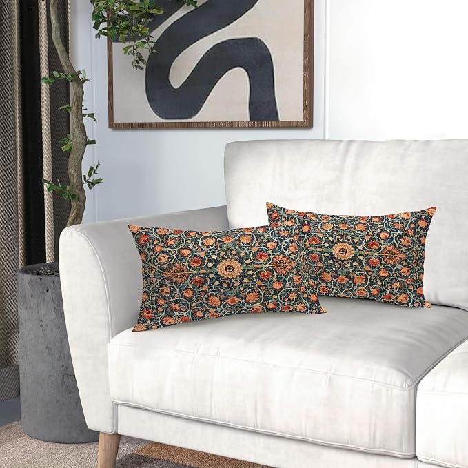 Vintage Floral Lumbar Pillow Covers 12X20 Inch Set of 2 Burnt Orange Flowers Botanical Decorative Rectangular Pillow Cases Navy Blue Art Cushion Case Farmhouse Home Decor for Sofa Couch Bed Outdoor