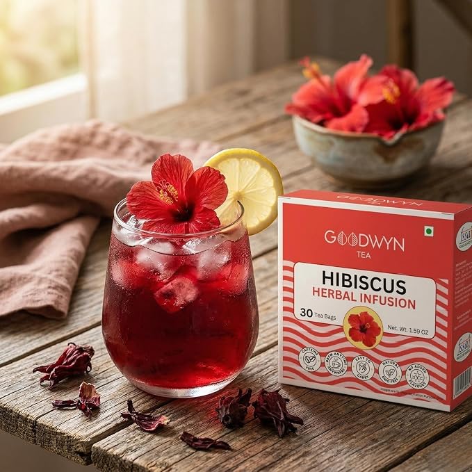 Goodwyn Hibiscus Herbal Infusion Tea (30 Tea Bags) | 100% Pure Hibiscus Flowers | Naturally Caffeine Free | Plastic Free Tea Bags | Tart & Refreshing Ruby Red Tisane | No Added Flavors | Perfect Hot or Iced | Premium Herbal Tea for Daily Enjoyment