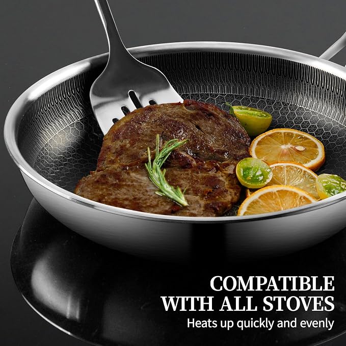 8" Stainless Steel Frying Pan with Lid | Small Stainless Steel Nonstick Pans, Induction & Oven Safe, Stay-Cool Handles, Compatible with All Cooktops, PFOA Free