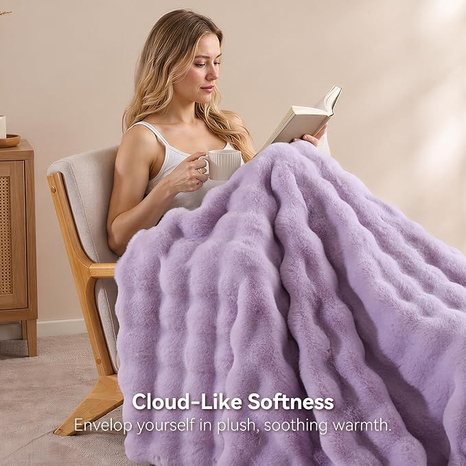 Faux Fur Throw for Couch - Light Purple Bubble Blanket 60"x80" | Fluffy Plush Fuzzy Throw for Sofa & Bed, Super Soft Cozy Comfrt Blanket, Luxury Aesthetic Purple Decor Gift for Women