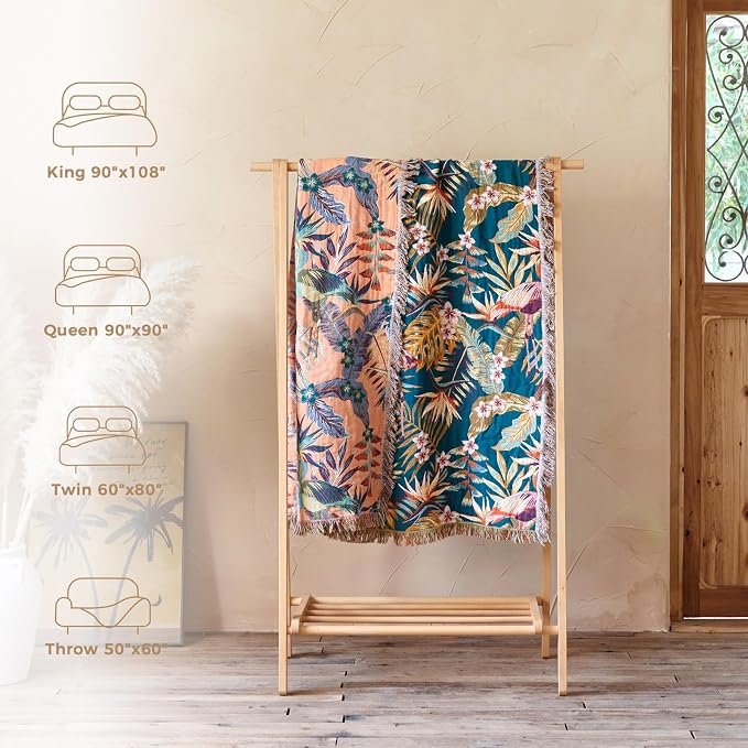 LUTBM Boho Throw Blanket for Couch 50"x60", Cotton Decorative Bed Throws | Reversible Leaves Birds Jacquard, All-Season Lightweight Soft Blanket, For Chair Sofa Bedroom Living Room Decor, Accent Gift