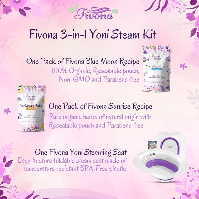 Fivona Yoni Steam Kit 3-in-1 Complete Set of Over the Toilet Foldable Steamer Seat with 1 Pack of Blue Moon and 1 Pack of Sunrise Yoni Steaming Herbs
