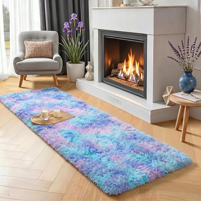 PAGISOFE Adorable Rainbow Runner Rugs for Girls Bedroom Hallway Plush Fluffy Purple Rug 2x6 Ft, Soft Carpet for Kids Room, Non-Slip Indoor Mermaid Rugs for Nursery Kids Girls Room Home Decor Sturdy