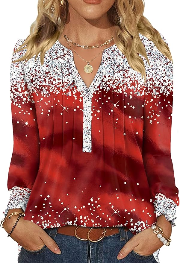 LOMON Womens Tops Dressy Casual Pleated Ruffle Long Sleeve Tunics Tops to Wear with Leggings V Neck Work Blouse