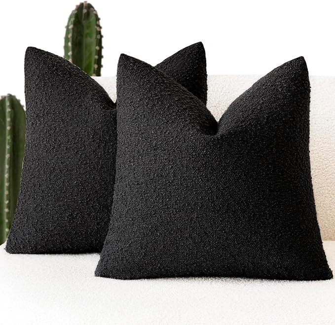 Foindtower Set of 2, Decorative Textured Boucle Throw Pillow Covers Accent Solid Pillow Cases Soft Cozy Couch Cushion Case for Chair Sofa Bedroom Living Room Home Decor 22 x 22 Inch Black