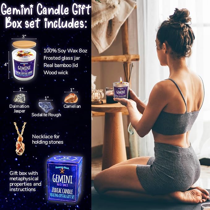 DANCING BEAR Gemini Zodiac Candle Gift Box Set with 3 Healing Crystals & Stone Holder Necklace, 100% Soy Scented Wax, Crackling Wood Wick, 45 Hour Burn Time