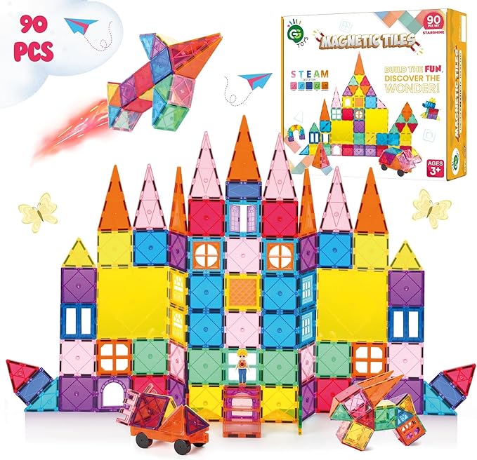 Magnetic Tiles 90 PCS Rainbow Castle Set Magnetic Blocks, Montessori 3D STEM Building Blocks, Sensory for Kids Ages 3-9, Educational and Preschool Toys, Gift for Toddlers, Girls & Boy