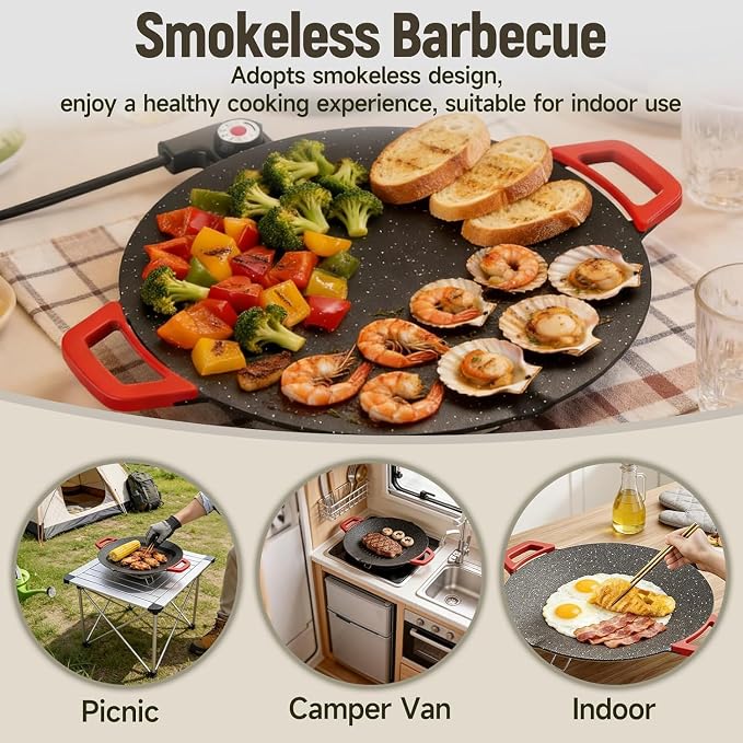 Generic 1500W Electric Korean BBQ Grill, 16 Inch Smokeless Non-Stick Electric Comal, Multifunctional Comal Electrico for Indoor Tortilla Cooking & Grilling, with Oil Brush & Food Tongs. (36cm)