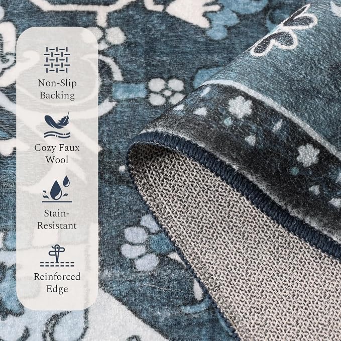 Rugflix 3x5 Entrance Rugs, Washable Dark Navy Blue Entry Small Rug | Machine Washable; Stain-Resistant; Low Pile; Non-Slip; Vintage Farmhouse; Carpet for Entryway Kitchen Hallway Home