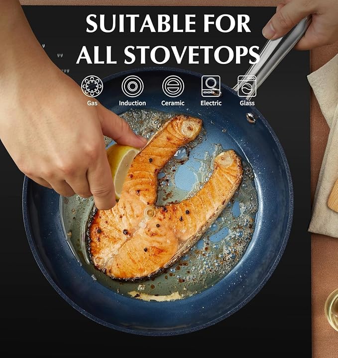 KOCH SYSTEME CS Non Stick Frying Pans, 10 Inch Frying Pan Nonstick with Lid, Frying Pan with Lid & Non Toxic Ceramic Coatings, Induction Compatible, Gradient Blue