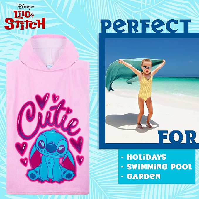 Disney Stitch Bath Towel with Hood for Kids Teenagers Absorbent Cozy Poncho Hooded Beach Towel Wrap for Beach Pool Swimming Bath Vacation Essentials (Pink Stitch, 10-13 Years)