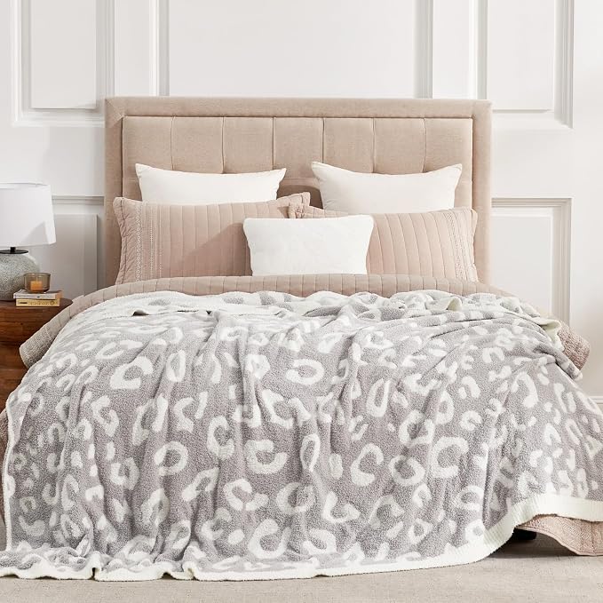 Snuggle Sac Leopard Queen Size Grey Microfiber Fluffy Warm Cozy Fuzzy Soft Blanket Reversible Cheetah Blankets for Bed, Couch, Sofa, 90x90 inches