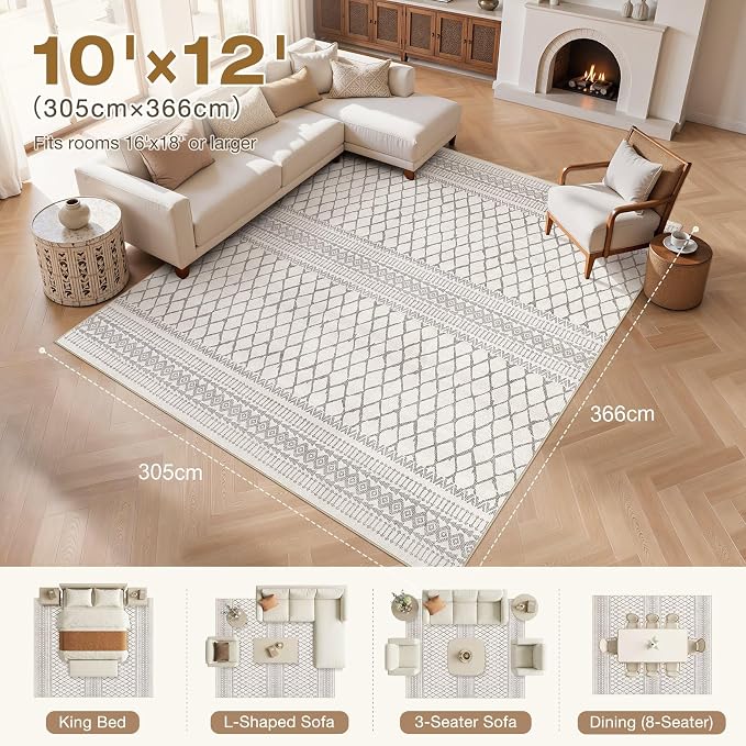 cotiled 10x12 Area Rugs Living Room Rug: Washable Boho Rugs with Non Slip Backing Large Soft Indoor Stain Resistant Carpet for Bedroom Farmhouse Dining Room Lightweight Home Decor Beige/Gray