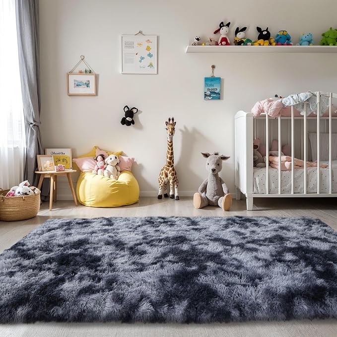3x5 Thick Tie-dye Dark Grey Fluffy Shag Rug for Bedroom, Washable Carpet | Area Rug for Living Room, Kids Nursery, Dorm Room, Non Slip Shaggy Floor Carpet