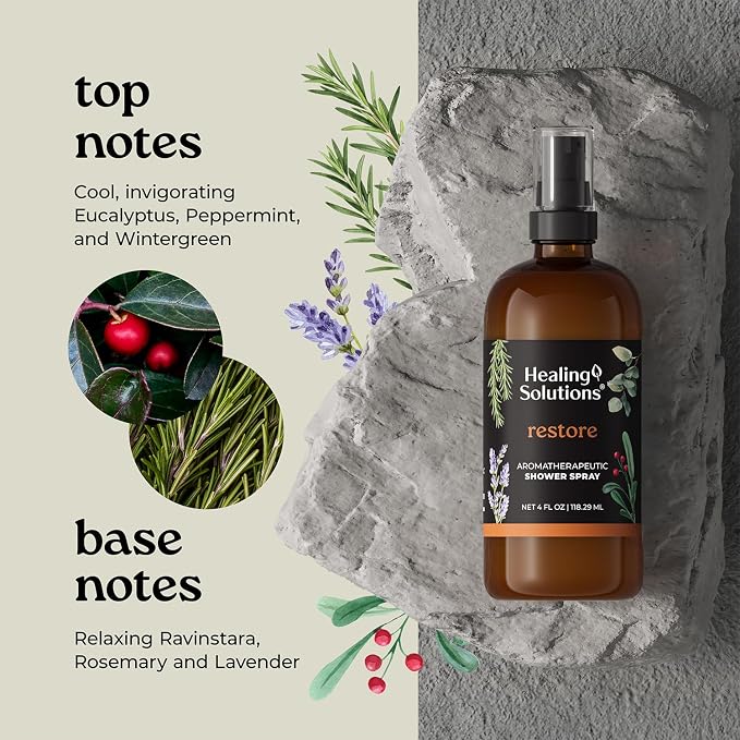 Healing Solutions Aromatherapy Shower Spray, Restore Blend, 4oz, Therapeutic Grade Essential Oils, Made in the USA, At Home Spa Experience, Promotes Muscle Relaxation (4oz, Restore Blend)