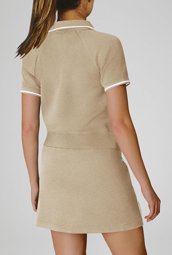 Womens Workout Sets 2 Piece Outfits V Neck Short Sleeve Polo Shirt and Tennis Skort Set with Pockets