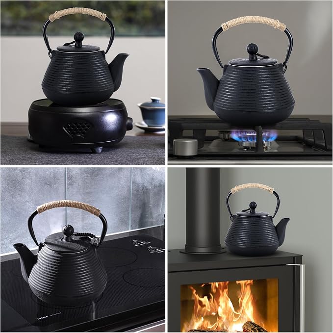 Cast Iron Teapot, 35oz Tea Kettle Stovetop Safe with Infuser for Loose Leaf, Japanese Tea Pot Coated with Enameled Interior, 1000ml Black