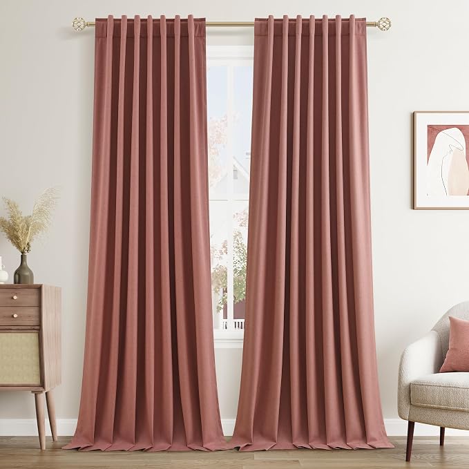 Guken 100% Blackout Curtains 96 Inch Length 2 Panels Set for Girls Bedroom Back Tab Thermal Insulated Black Out Linen Drapes Room Darkening Window Curtains 96 Inches Long,Dusty Rose