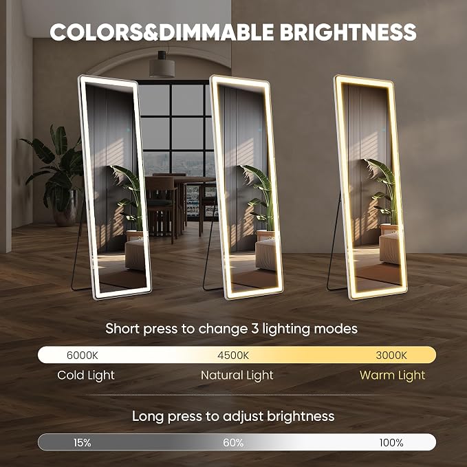 OLIXIS LED Full Length Mirror with Lights, Full Body 16"x60" | Standing Lighted Floor, 3 Color Lighting, Wall Mounted Bedroom Bathroom Entryway, Tempered Glass