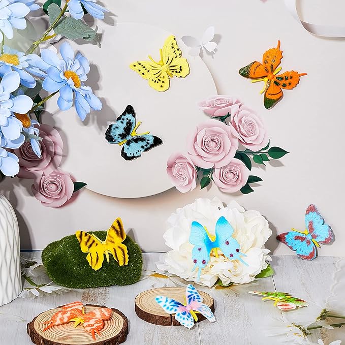 48 Pcs Plastic Butterflies Toy Fake Butterflies Action Figures Art Lifelike Butterfly Removable Reusable Cake Decoration for Classroom Party Favor Wall Garden Decor, 12 Styles