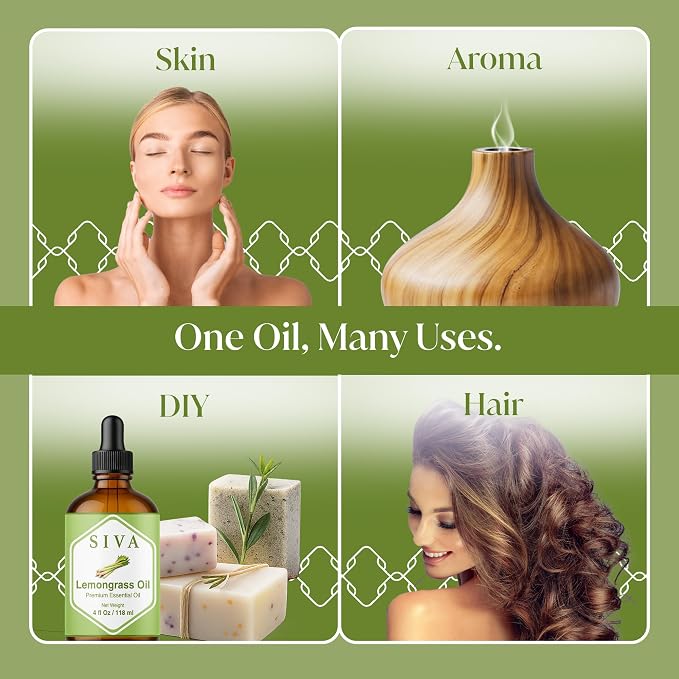 Siva Lemongrass Essential Oil 4 Fl Oz – for Diffuser, Skin & Hair Care – Ideal for Massage & DIY Blends- with Dropper