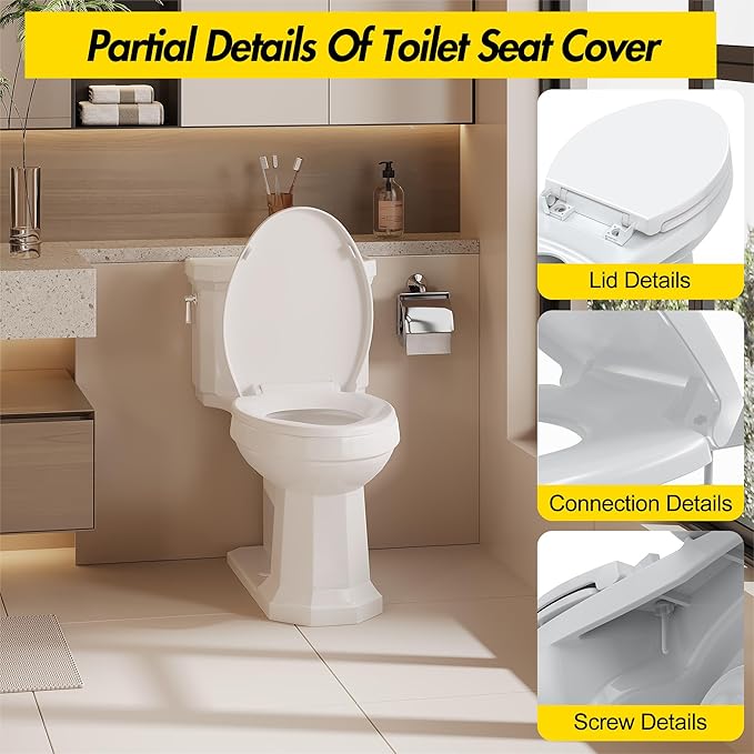 Elongated Toilet Seat Cover – PP Quick Release Flat Lid Toilet Seat, White Soft Close Design for Easy Cleaning & Comfortable Use