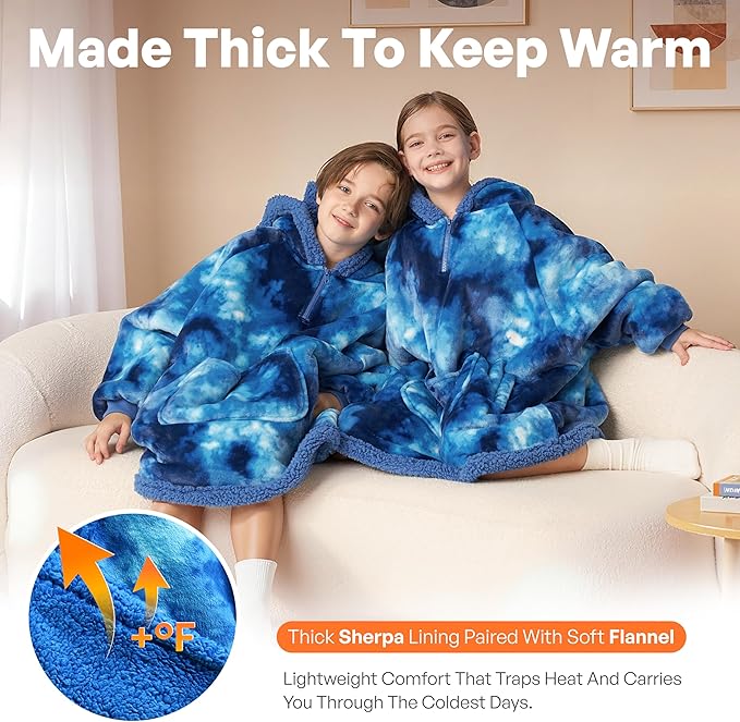 Giggling Getup Wearable Blanket Hoodie for Girls and Boys Warm Cozy Sherpa Fleece Hooded Blanket Sweatshirt Oversized Hoodie with Giant Pocket & Sleeves for Kids Dark Blue Tie Dye