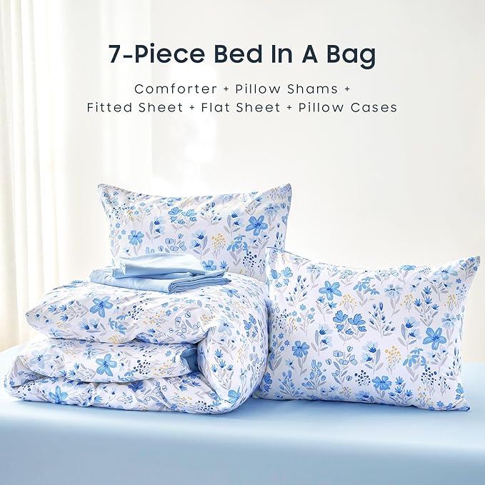 Wake In Cloud - Floral Bedding Set for Girls, Cute Colorful Botanical Flowers Patterned Soft Lightweight Comforter Set with Sheets, 7 Pieces Kids Bed in a Bag, Blue White, Full Size