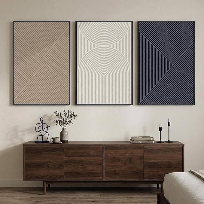 Large Framed Neutral Abstract Wall Art for Living Room, 3 Piece Modern Canvas Prints Paintings, Beige and Deep Blue Minimalist Geometric Pictures for Hallway Dining Bedroom Office Wall Decor 24x36 In
