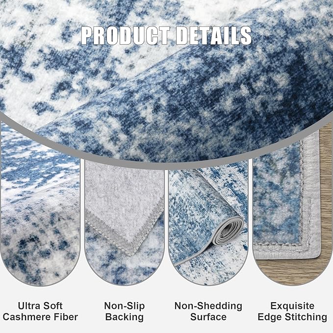 Washable Area Rug 3x10 Entryway Rug: Washable Modern Abstract Soft Thin Rug Indoor Floor No Slip Stain Resistant Carpet for Bedroom Dining Room Farmhouse Nursery Home Office - Blue