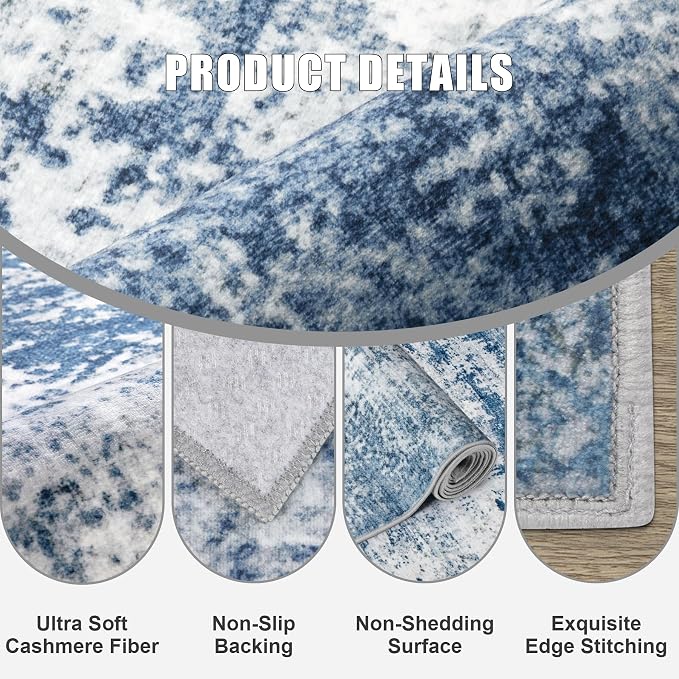 5x5 Area Rug Living Room Rug: Washable Modern Abstract Soft Thin Rug Indoor Floor No Slip Stain Resistant Carpet for Bedroom Dining Room Farmhouse Nursery Home Office - Blue