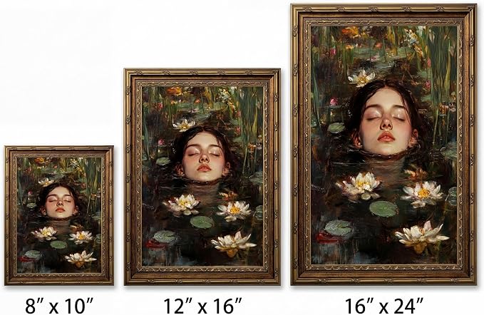 Vintage Gold Framed Gothic Wall Art, Ophelia Inspired Woman Portrait Print | Dark Academia Romantic Victorian Oil Painting Canvas Print Picture Wall Decor for Living Room Bedroom Office, 12x16 Inch