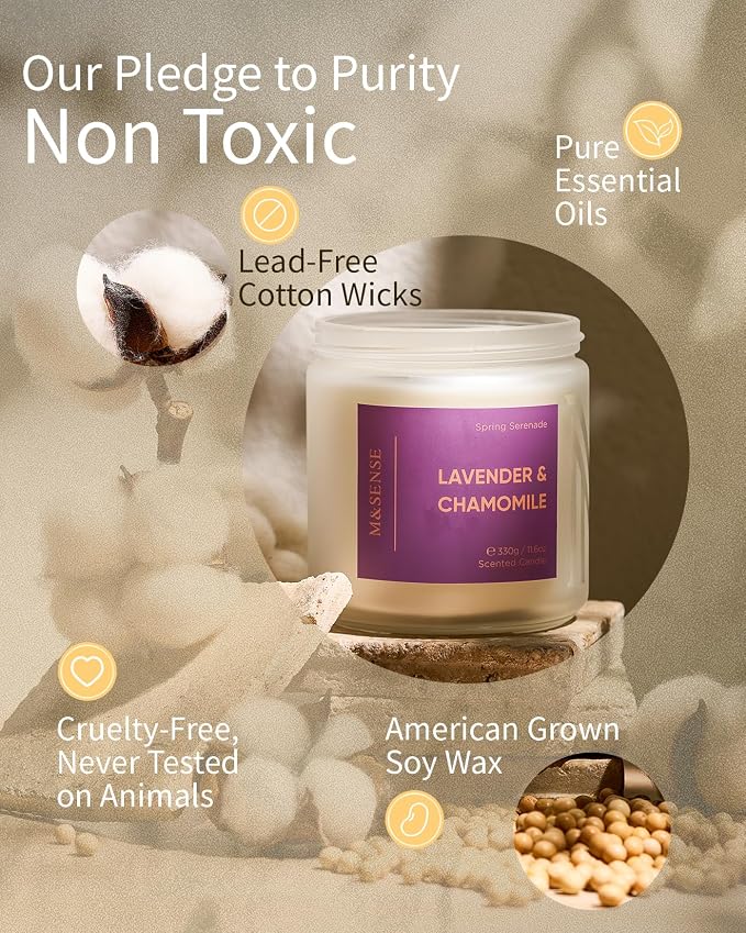 M&SENSE Lavender Candles, Large 11.6oz Natural Soy Wax, 70-Hour | Non Toxic Clean Burn, Aromatherapy Floral Scent for Spa Stress Relief Relaxation, Romantic Housewarming Gifts for Women