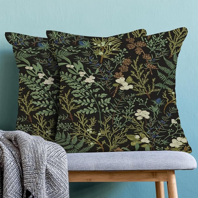 Spring Pillow Covers 20x20 Inch Set of 2,Black Sage Green Wild Flower Plant Throw Pillows Case,Seasonal Vintage Floral Outdoor Decorative Linen Farmhouse Decor Cushion Covers for Sofa Bed Couch