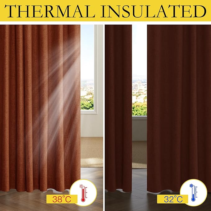 NICETOWN 100% Absolutely Blackout Linen Curtains with Thermal Insulated Liner, 62" Wide, 2 Panels, 72" Long Drapes, Grommet Retro Burnt Orange Linen Curtains Vertical Drapes Privacy for Bedroom