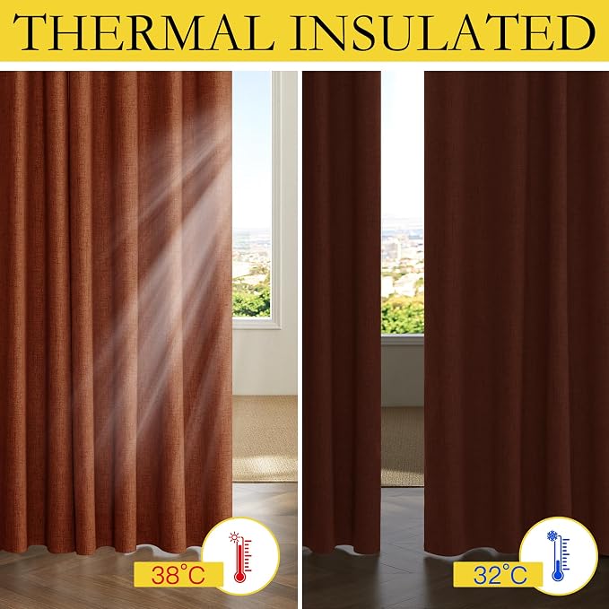 NICETOWN 100% Absolutely Blackout Linen Curtains with Thermal Insulated Liner, 52" Wide, 2 Panels, 63" Long Drapes, Grommet Retro Burnt Orange Linen Curtains Vertical Drapes Privacy for Bedroom