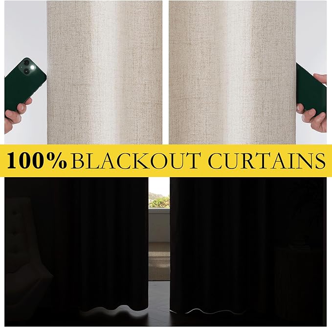 NICETOWN Natural Linen Blackout Curtains for Farmhouse, W52 x L78 Inch, Set of 2, Thick Linen Blend Insulated Rod Pocket Back Tab Draperies with Gray Liner, Drapes for Bedroom, Living Room, and More