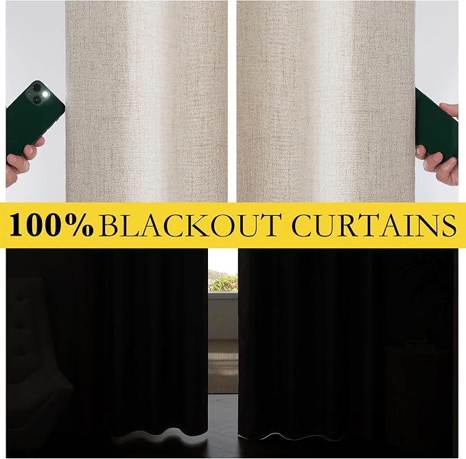 NICETOWN Oatmeal Vintage Open Linen Weave Flax Thermal Curtains, 100% Blackout Curtains 90" Long for Dining Room, Soundproof Window Treatment Drapes for Home Office, 62" Wide Per Panel, Set of 2