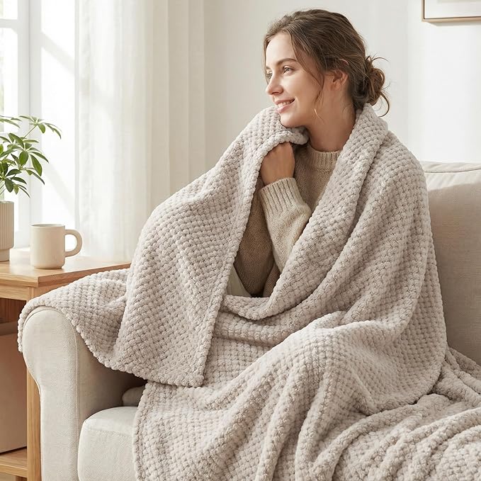 Exclusivo Mezcla Soft Waffle Fleece Bed Blanket Twin Size, Tan | Lightweight Plush Blanket for Bed, Couch, Sofa, Cozy Fluffy Design for Bedroom, Guest Room, All Season, 60x80 Inches