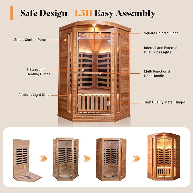 Sauna, Infrared Sauna for Home Far Infrared Saunas Room Corner Sauna for 1 Person Low-EMF Wood Dry Sauna with Speakers Oxygen Bar 7 Color Light 1300W Fast Heating Easy Assembly 37.4x37.4x70.9