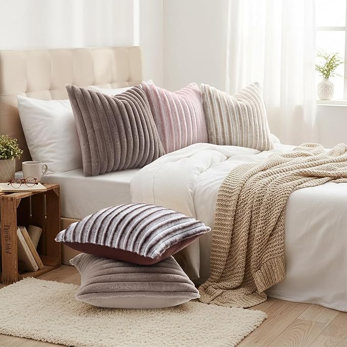 decorUhome Fall Faux Fur Throw Pillow Covers 24x24 Set of 2 Tan | Decorative Soft Cozy Striped Plush Modern Farmhouse Boho Couch Pillow Cases Velvet Back for Sofa Bed Living Room Home Decor