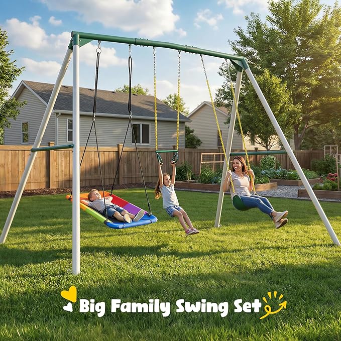 Hapfan 9.5' Tall Swing Sets for Backyard with Platform Swing, Heavy Duty Metal Swingset Outdoor for Kids with Trapeze Bar