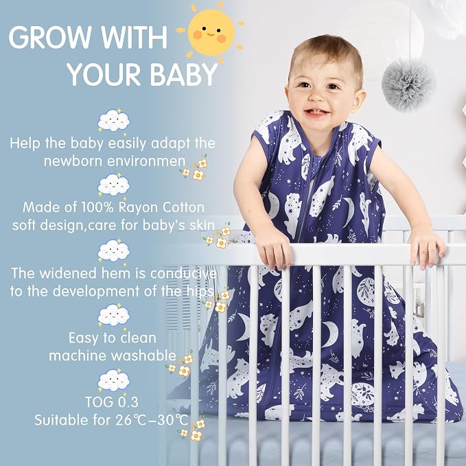 BSTOPPT 3 Pack Baby Sleep Sack 100% Rayon Cotton Baby Sleeping Bag 2-Way Zipper Toddler Wearable Blankets TOG 0.3. (Fox&Dinosaurs&Dark gray, 6-12 Months)